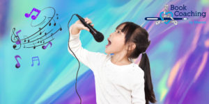Young girl singing into microphone with colorful background and musical notes representing the similarity of voice training for singers to developing a Writer's Voice