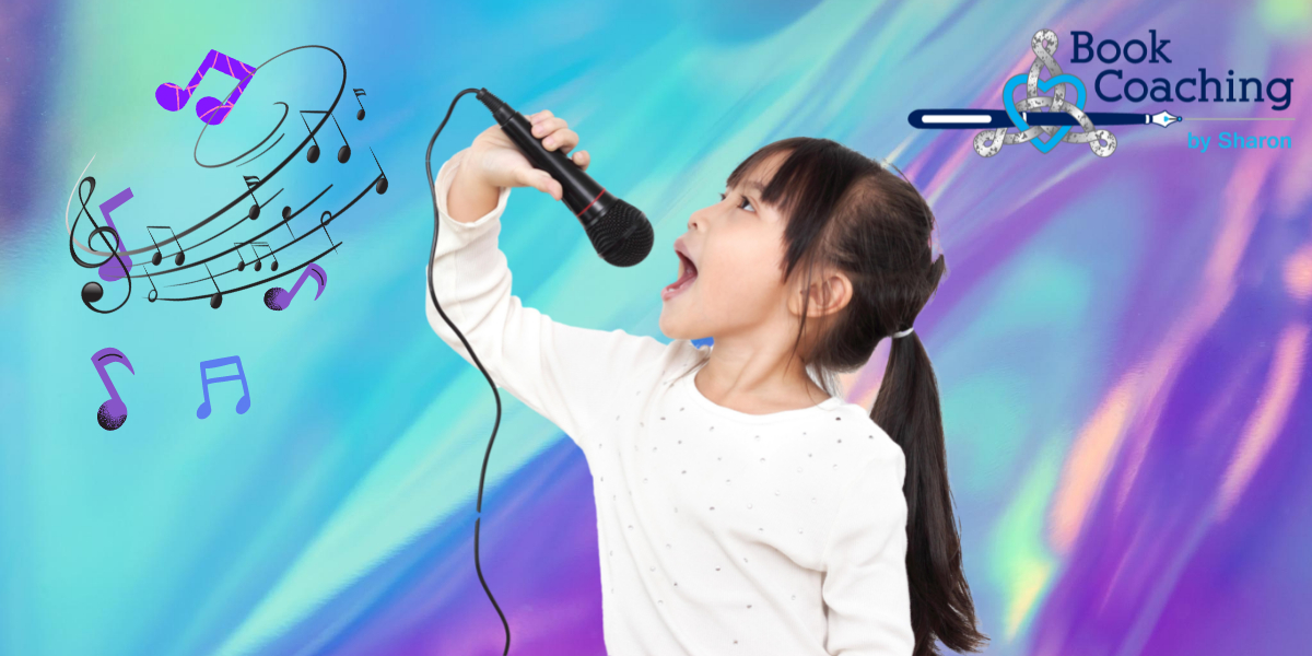 Young girl singing into microphone with colorful background and musical notes representing the similarity of voice training for singers to developing a Writer's Voice