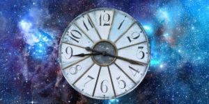 Antique Outdoor wall clock set against an image of a star-studded universe to reflect the question of how long does it take to write a book?