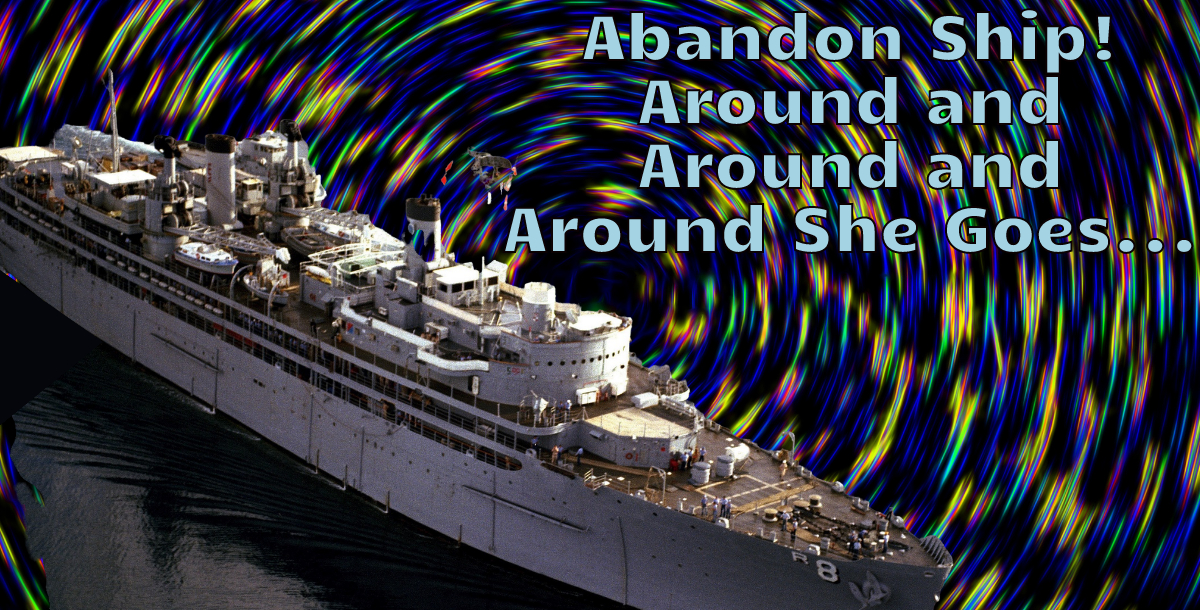 Abandon Ship Drill image of USS Jason on dark seanwith colored swrils to represent going round and round.