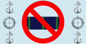 Light blue rectangle with Navy anchors in the four corners, target symbols on each side and a no symbol over a US Navy marksmanship ribbon (Navy blue rectangle with three vertical, equidistant green stripes) to represent firing blanks on the range.