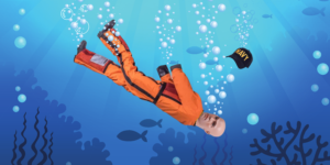 Image created iby Sharon Skinner in Adobe Photoshop: Underwater scene with sinking man overboard rescue dummy (aka OSCAR) and navy ball cap.