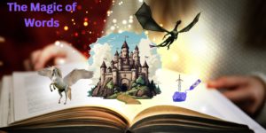 Image: Open book with magic dust rising, castle, pegasus and dragon and a purple crayon drawing a sword in a stone to represent the magic of words.