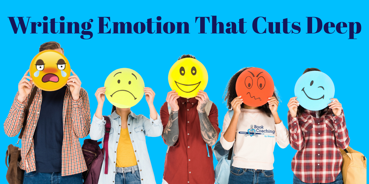 Image of five young individuals holding emojis in front of their faces depicting a variety of emotions to illustrate writing emotion that cuts deep.