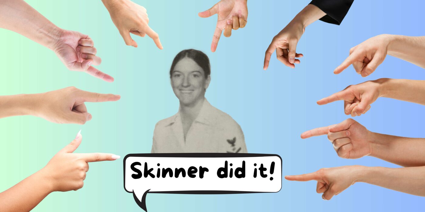 Image of Sharon in Navy uniform surrounded by hands finger pointing and a text bubble that says "Skinner did it!"