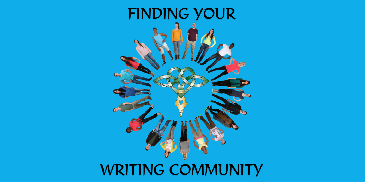 Circle of diverse opeople with Sharon's celtic heart pen author logo in the middle and text that reads finding your writing community