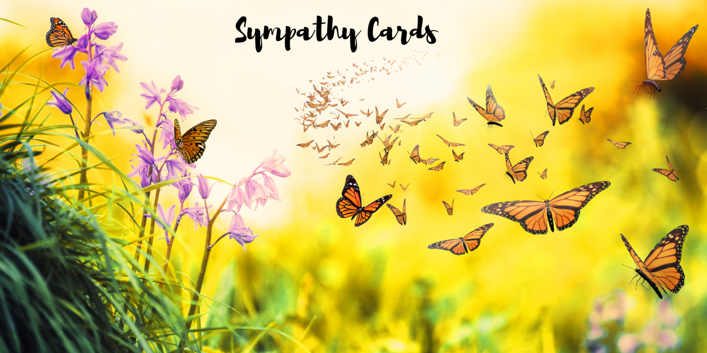 Bright metal with Golden, sunshine and purple flowers, and mom are butterflies with the text that reads "sympathy cards"