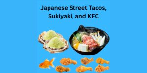 Image of street tacos with shredded cabbage, sukiyaki. in a pot and chicken legs swimming with a goldfish.