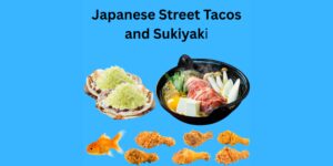 Image of street tacos with shredded cabbage, sukiyaki. in a pot and chicken legs swimming with a goldfish.