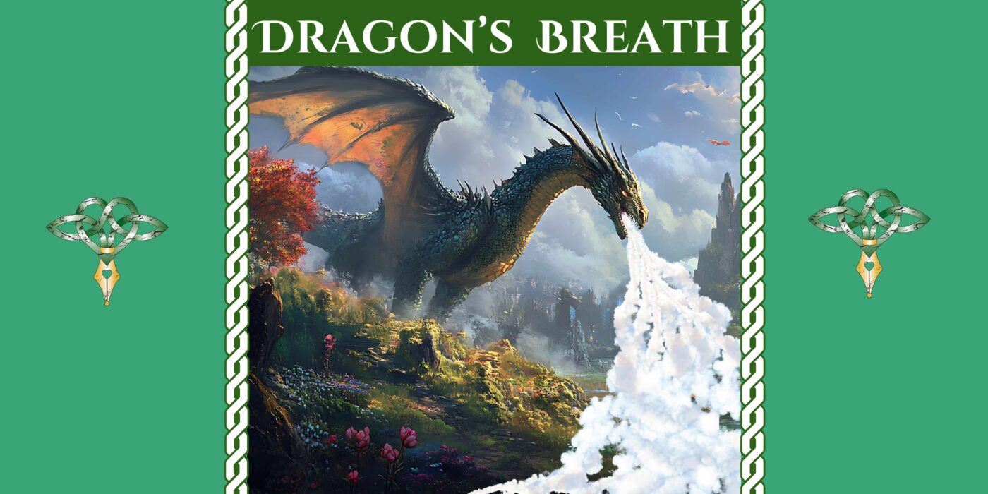 Dragon on a green background huffing out clouds of breath, depicting the open Dragon's Breath